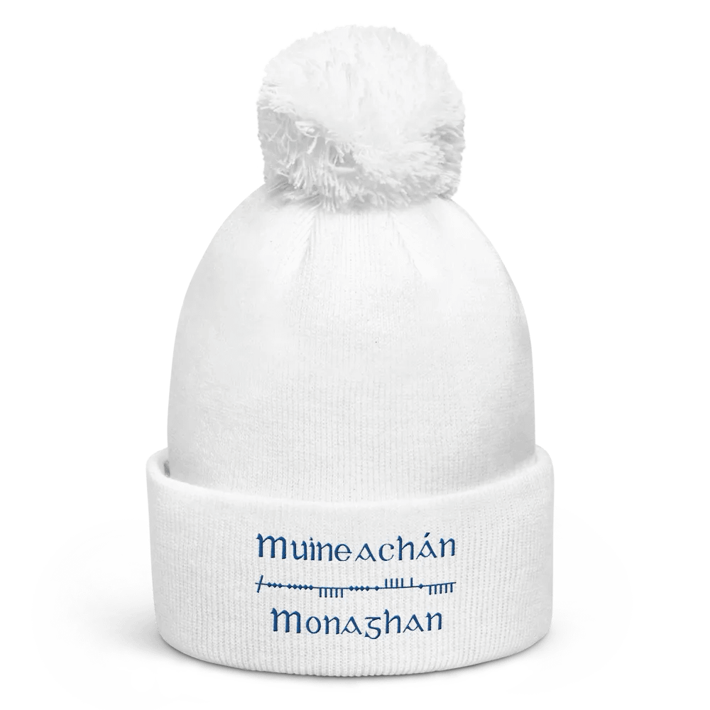 Monaghan/Muineachán Scholastic style Ogham, white with blue, embroidered Pom-Pom Beanie product image (1)