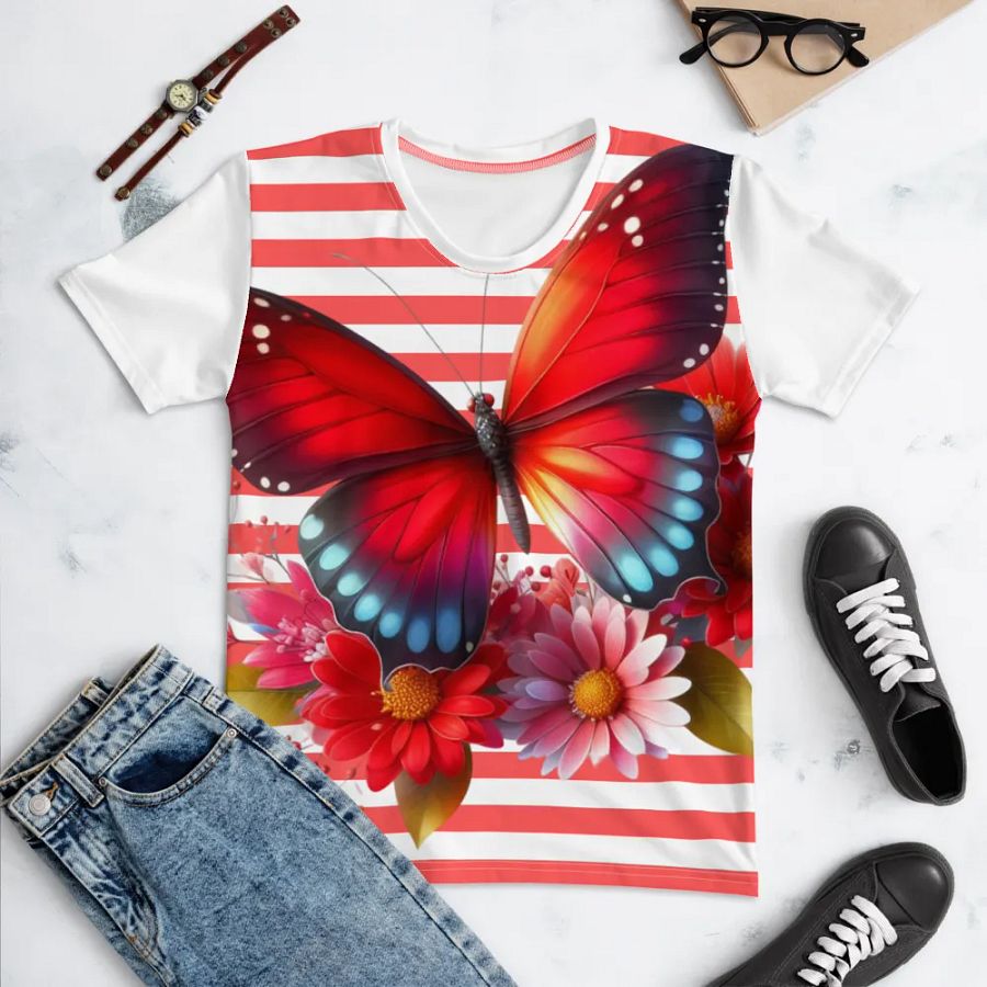 Vibrant Butterfly Paradise Red Stripped Women's T-Shirt product image (4)