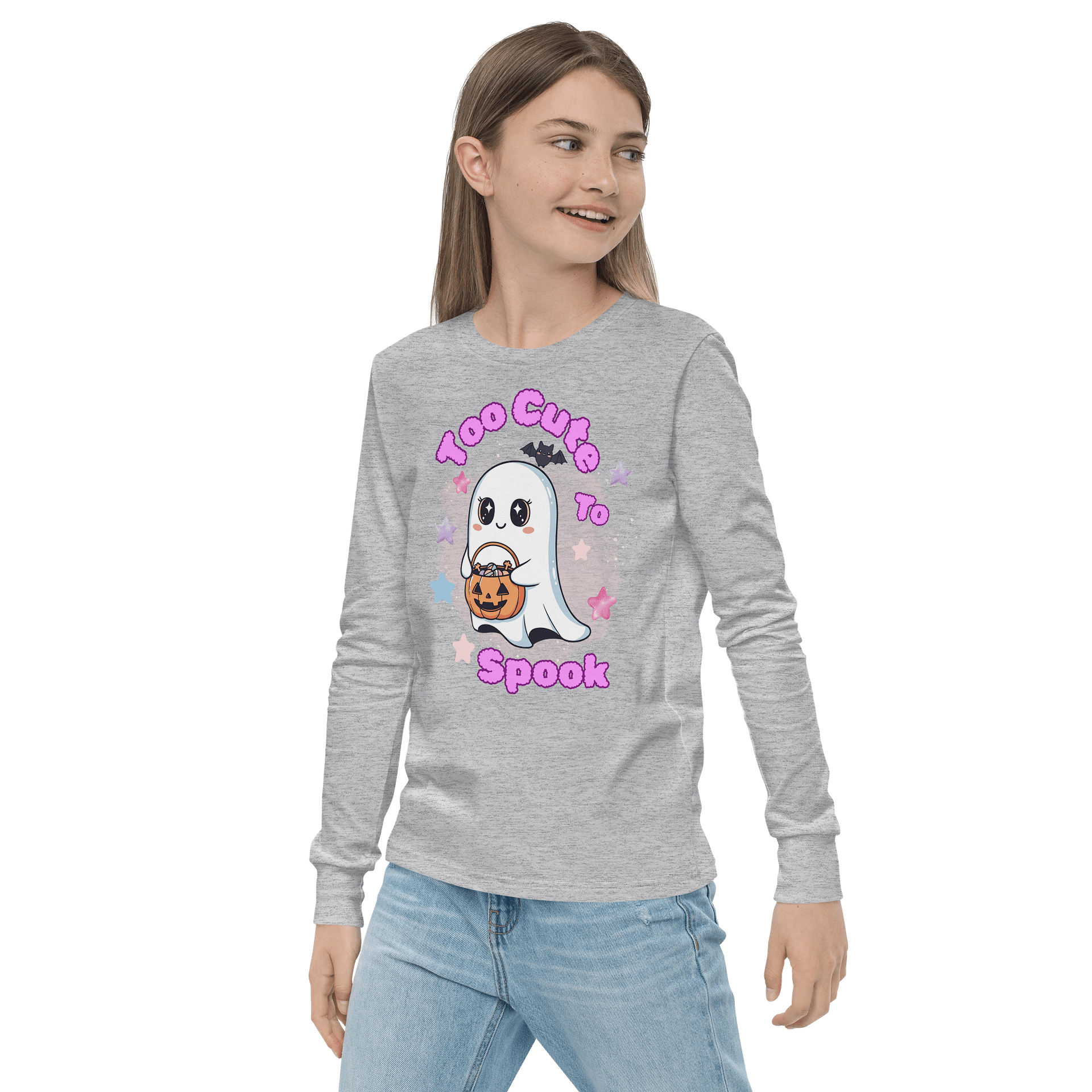 “Too Cute to Spook" Ghost Halloween Long Sleeve Tee – Kawaii Pastel Halloween Shirt for Girls, Preteen & Teen product image (3)
