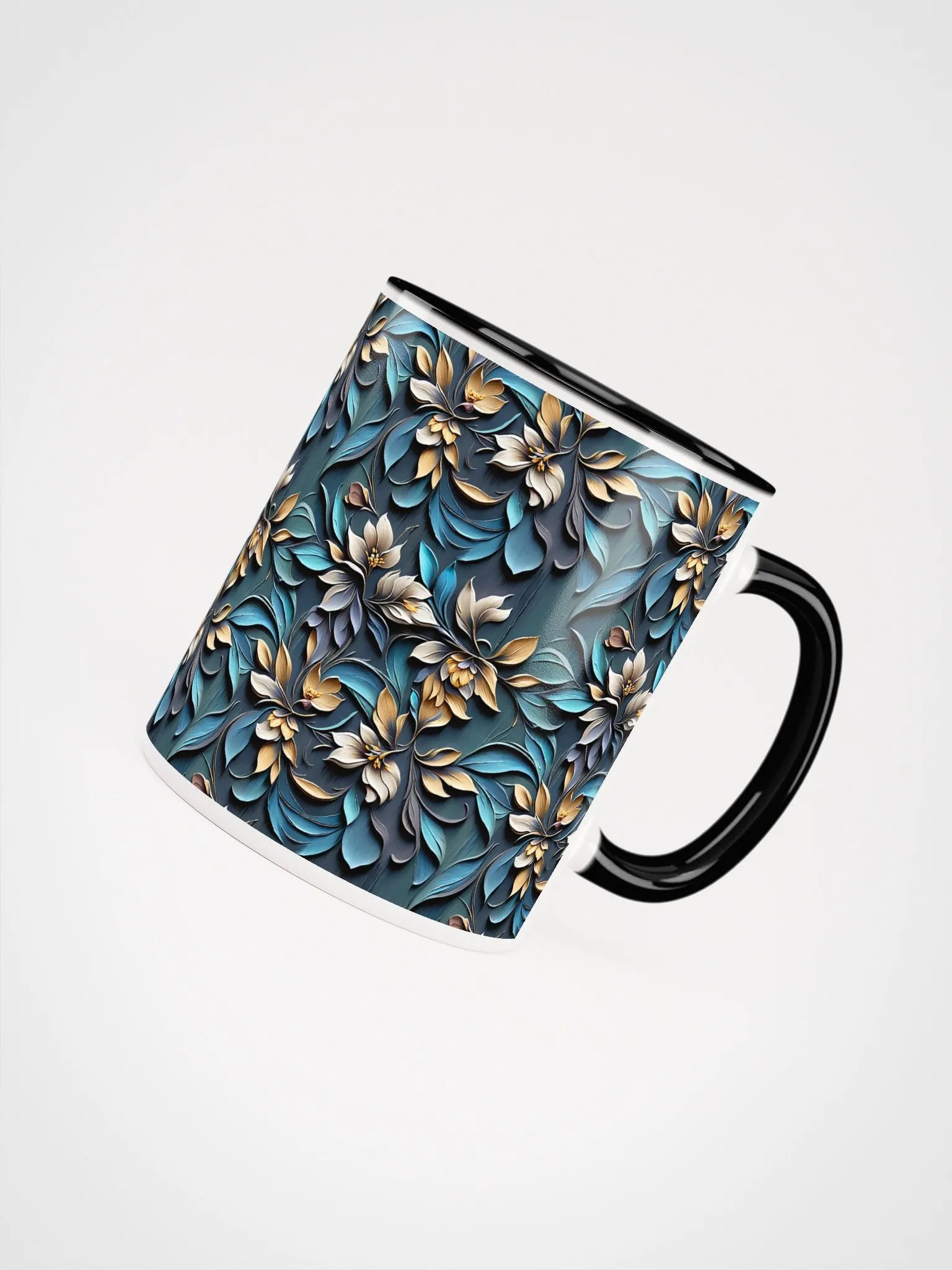 Coffee Mug with Color Inside - Sculpted Floral Pattern of Yellow-Brown Flowers on Blue Background product image (3)