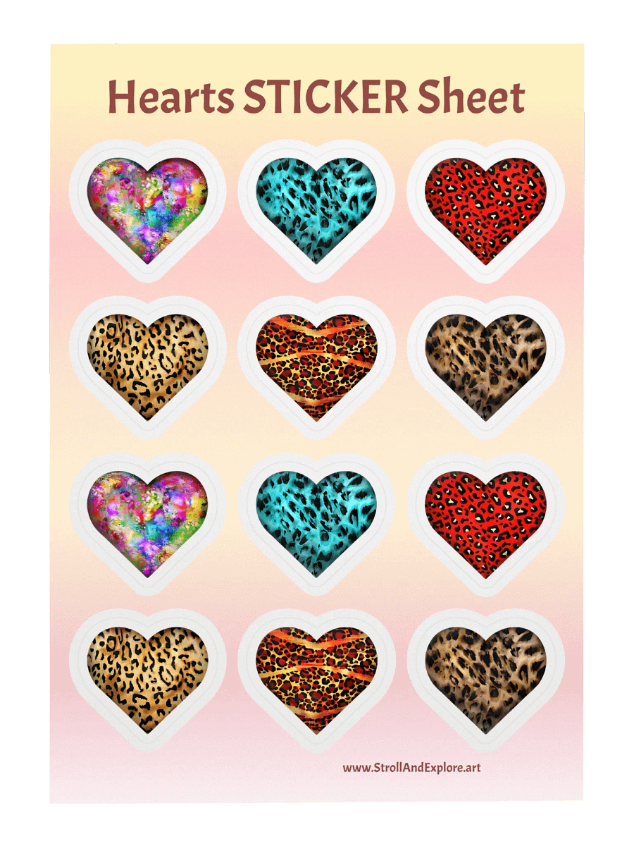Colorful Leopard Skin and Graffiti Hearts Mix - Sticker Sheet product image (1)