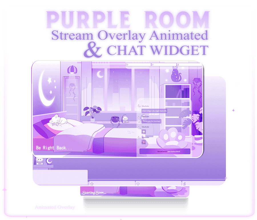 Glowing Room Stream Overlay Animated Pack, Stream Overlay Animated Cute Purple Room Overlay , Cute Room Kitty Overlay, Starting Soon, Brb product image (1)