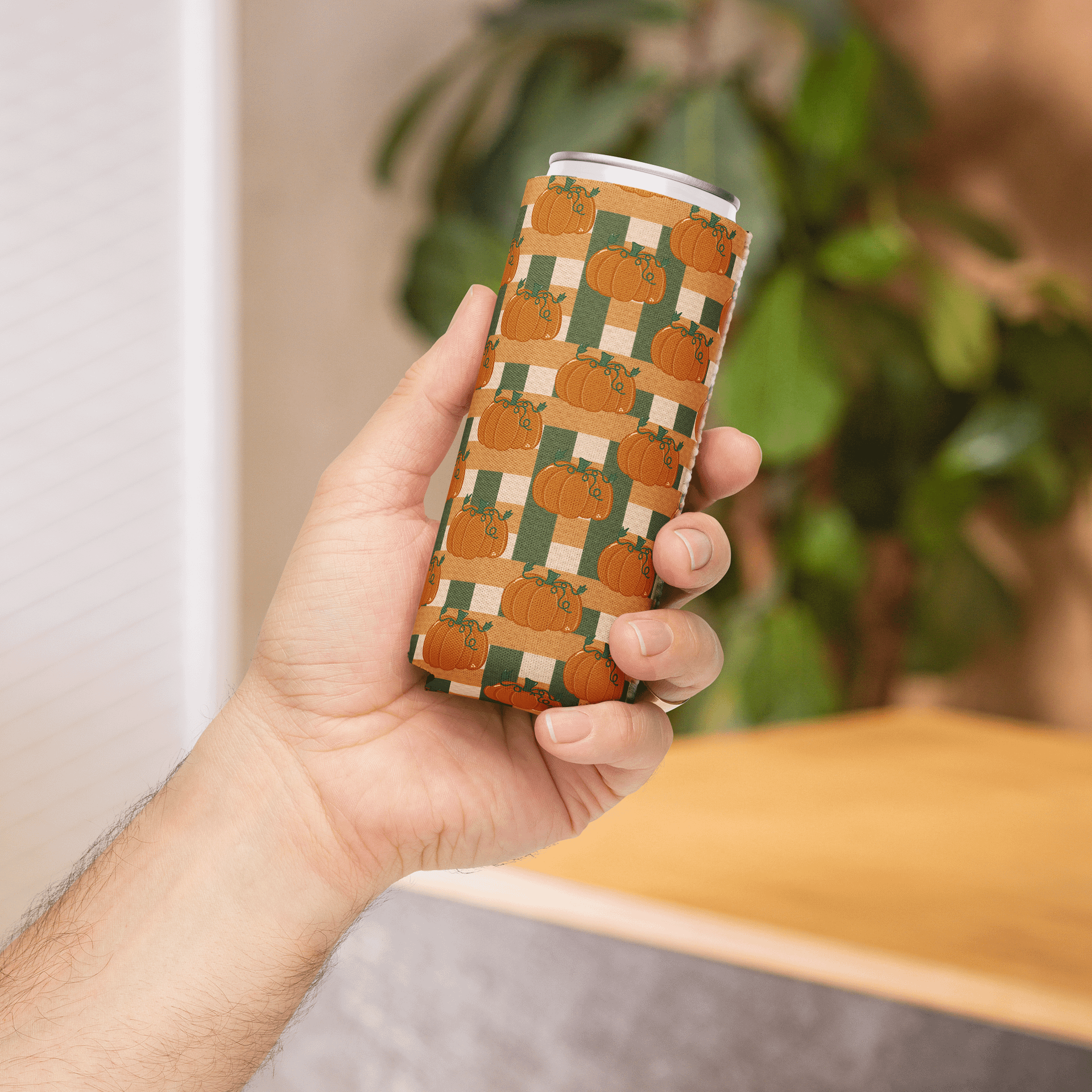 Pumpkin Plaid Pattern Can Koozie product image (1)
