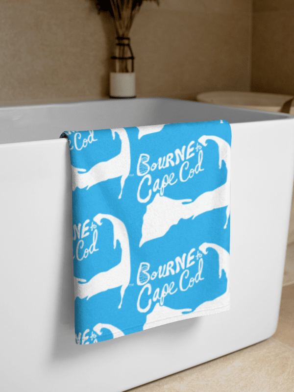 BOURNE to Cape Cod™ | Coastal Classic Beach Towel | All-Over Logo Print | Vibrant Colors for Salty Souls | White Logo on Deep Sky Blue product image (2)