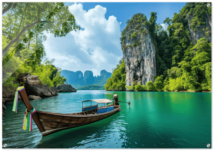 GREENISH WATER AND BOAT GLOSSY ACRYLIC PRINT product image (1)