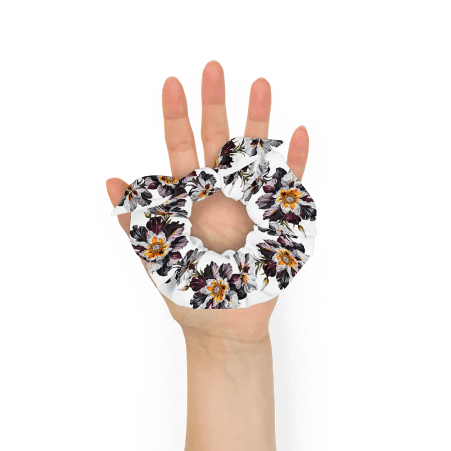 Hair Scrunchie - Painted Crimson, Black, and Yellow Flowers on White product image (6)