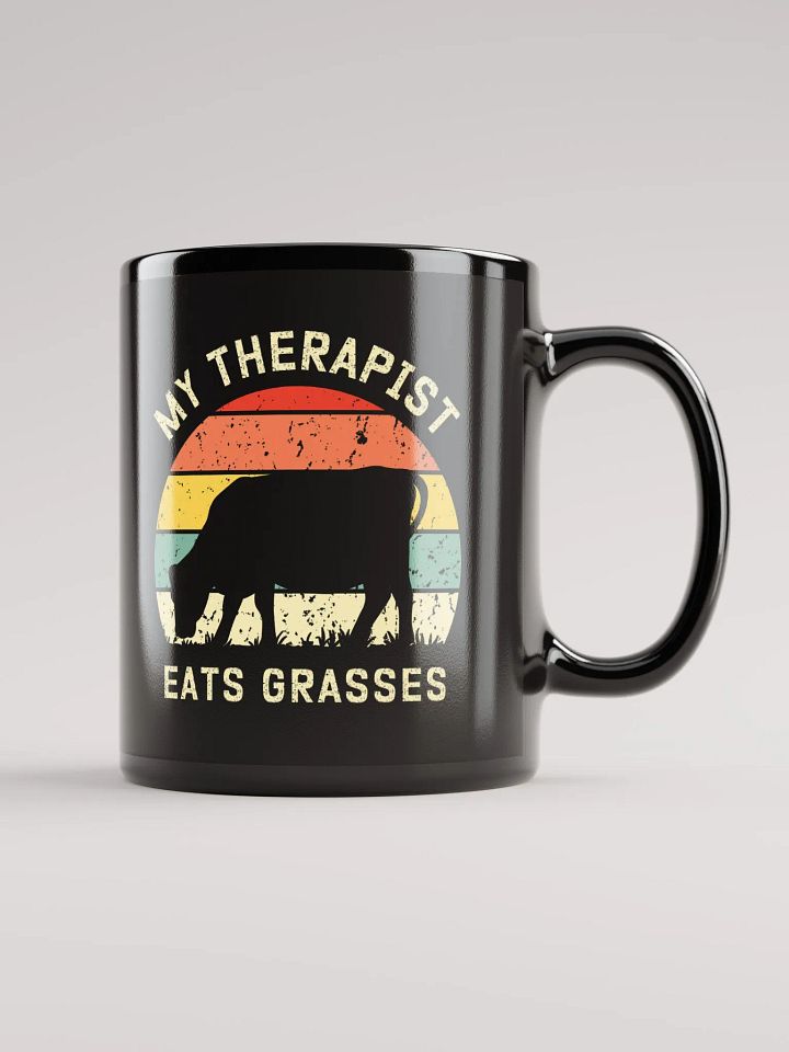 "My therapist grasses-cow" black glossy mug. product image (1)
