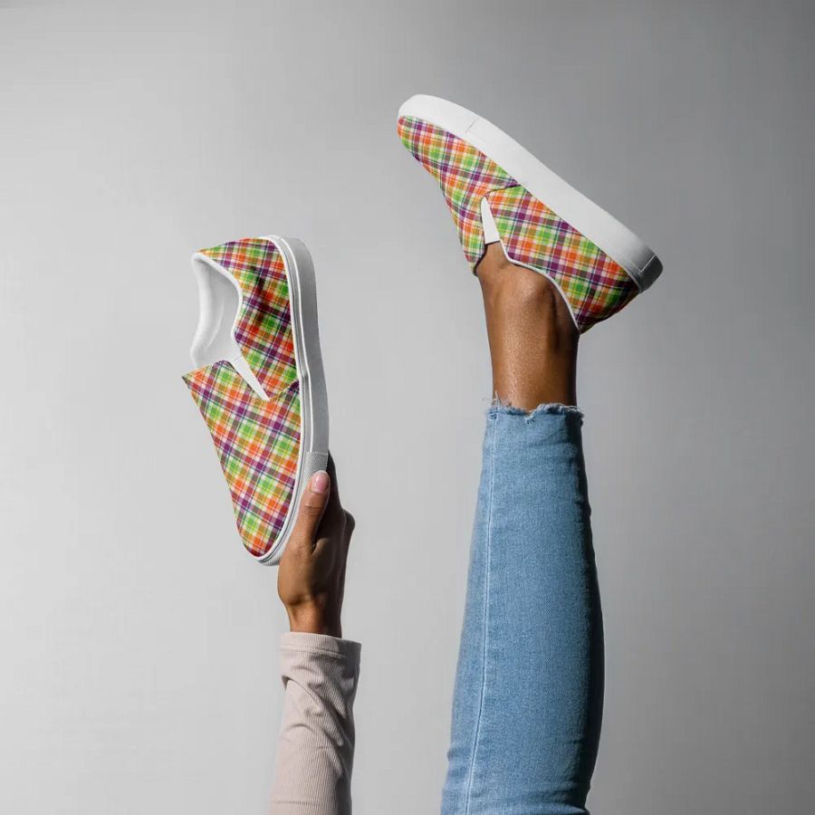Purple, Orange, and Lime Green Plaid Women's Slip-On Shoes product image (8)