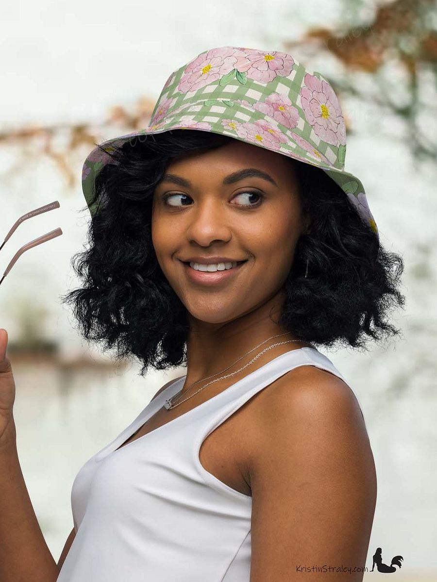 Pink Flowers on Gingham and Green Reversible Bucket Hat product image (5)