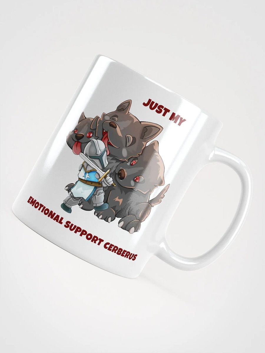 Emotional support Cerberus & Knight white ceramic mug 11oz 15oz 20oz for gamers and dog lovers product image (4)