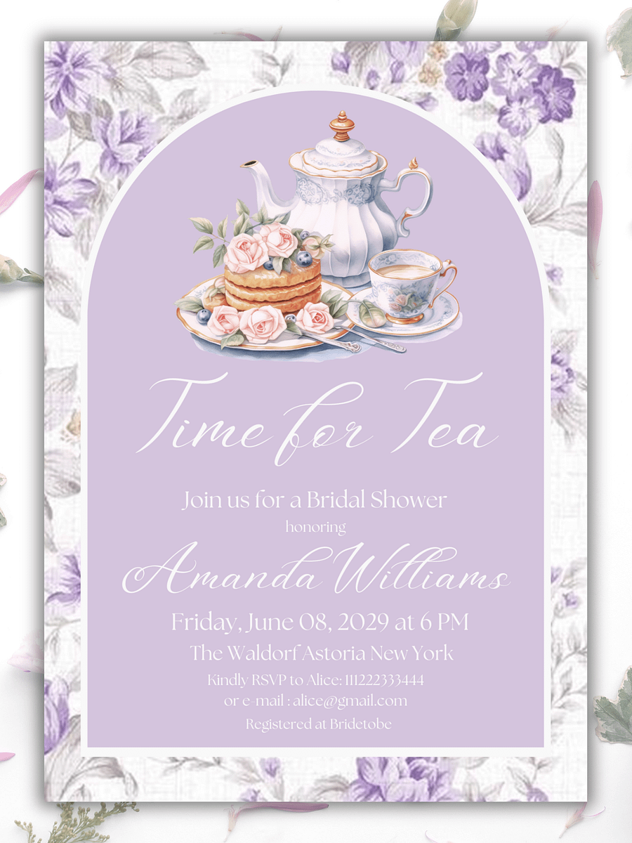 Tea Party Bridal Shower Canva Template Invite, Floral Purple Theme Printable Time for Tea Lavender Brunch Invitation | Digital Prints product image (10)