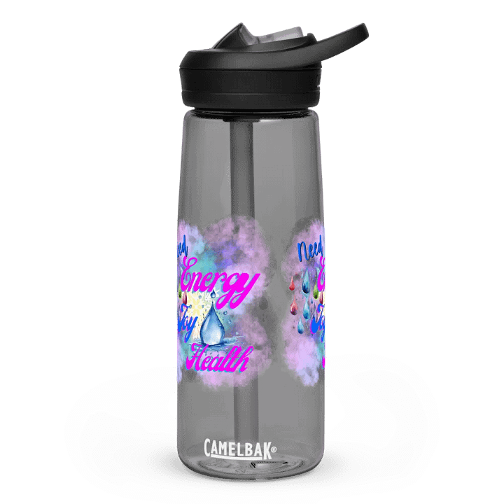 Camelback water bottle with beautiful swirly blue water  splash and drops design featuring ' Need  Energy Love Health