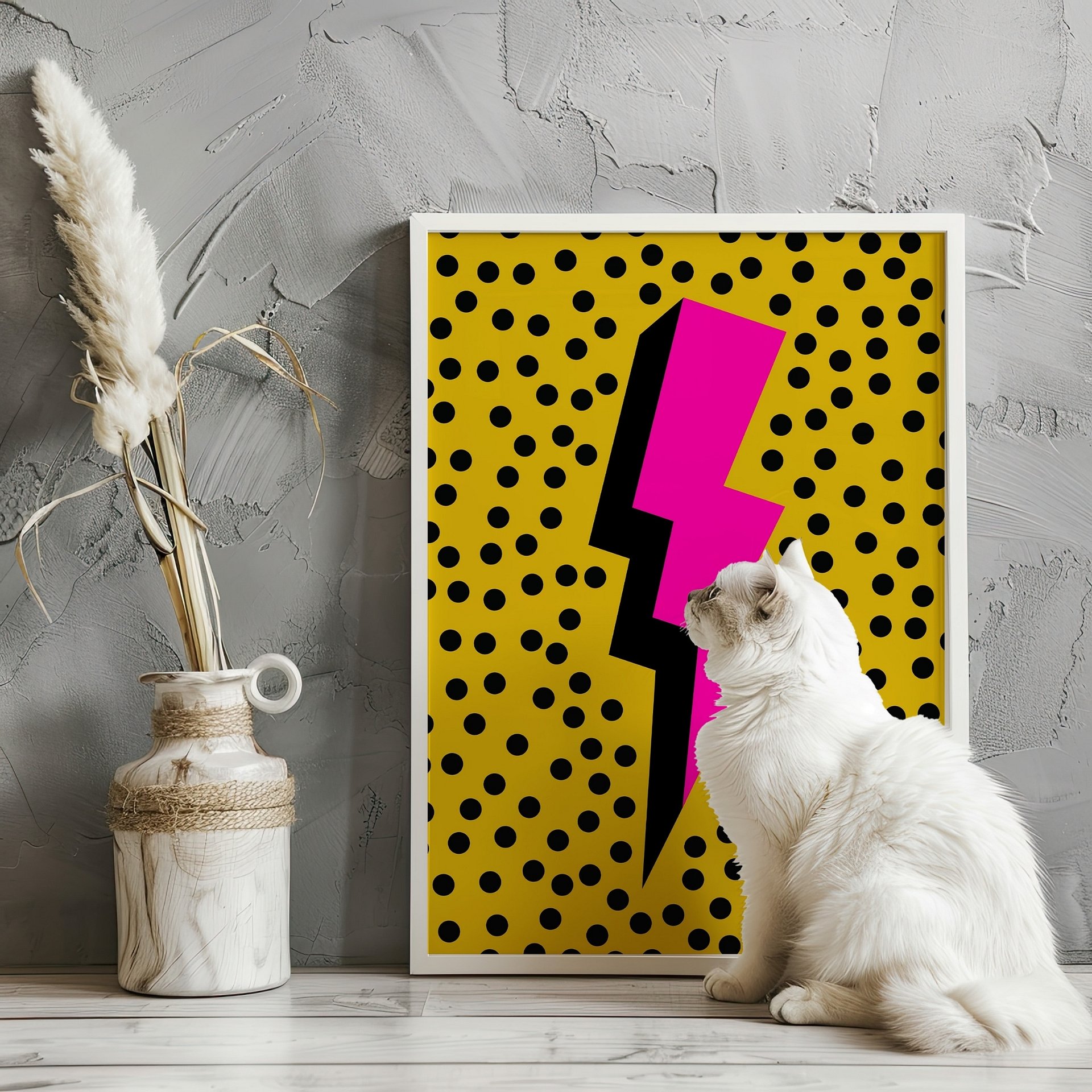 Pink Lightening Bolt on Yellow Dotted Retro Art Print product image (3)