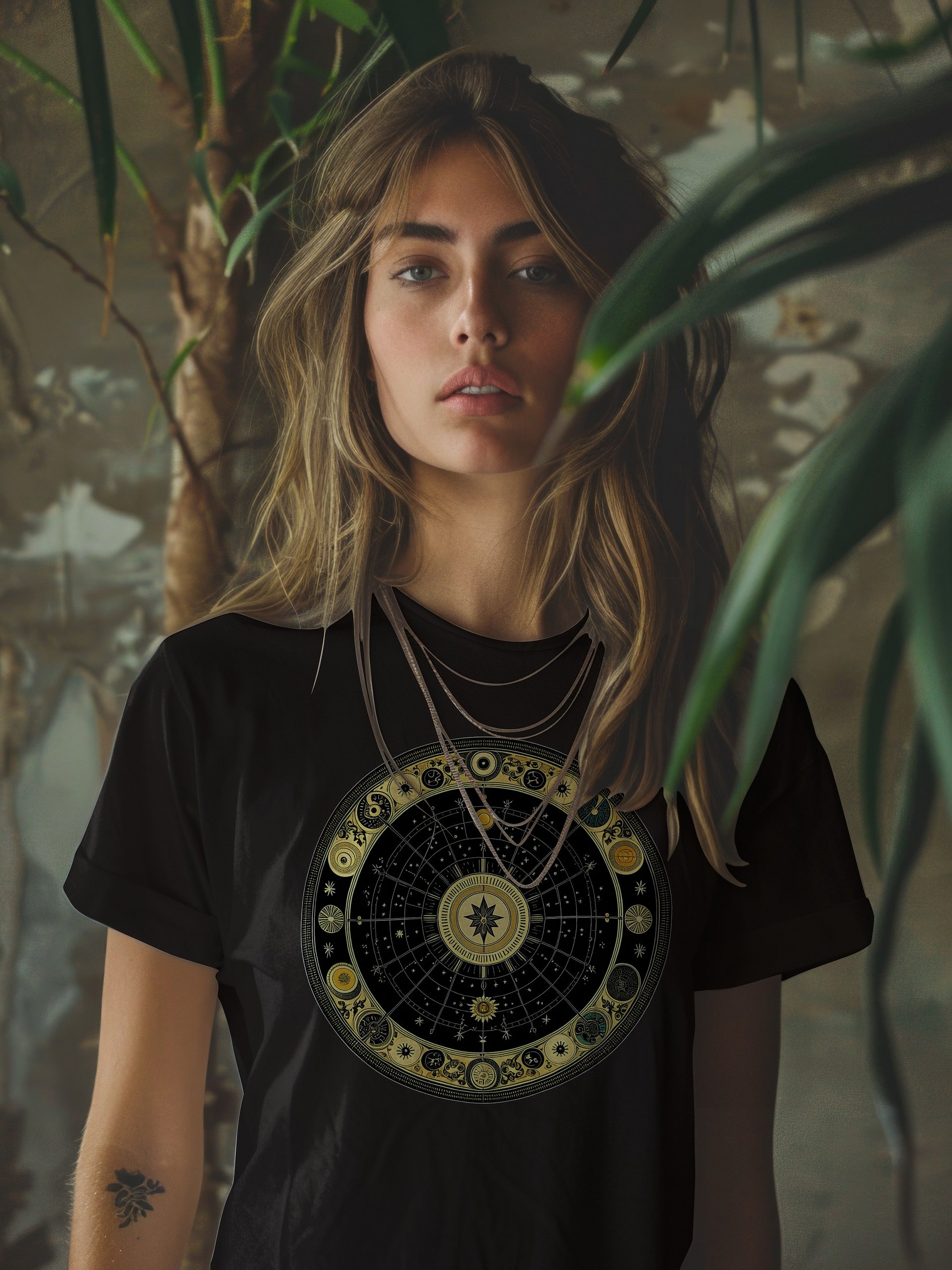 🌌 Celestial Zodiac Compass Unisex T-Shirt – Gold Cosmic Wheel Design | Mystical Astrology-Inspired Graphic Tee product image (3)