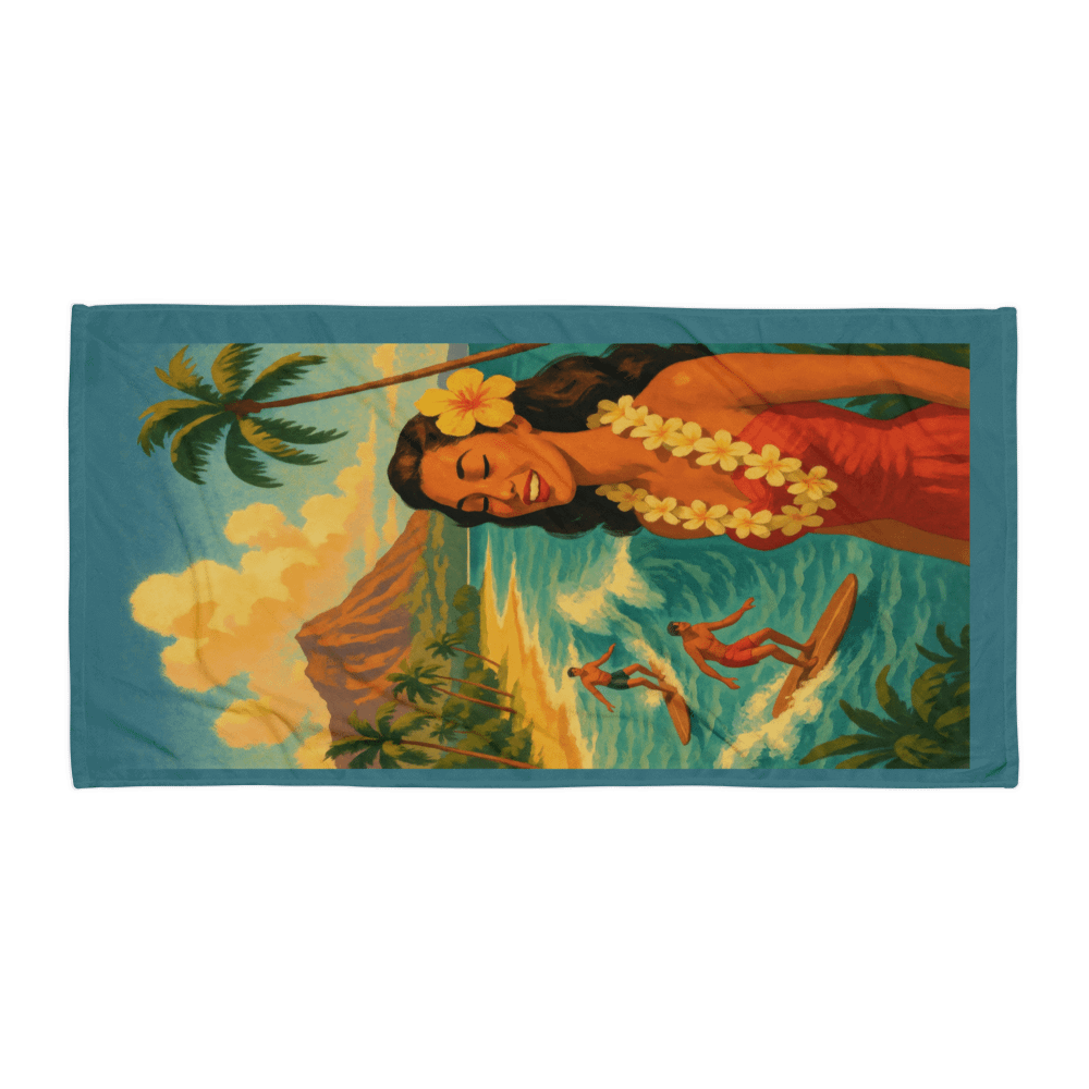 ISLAND ALOHA BEACH TOWEL – 30"x60", COTTON TERRY BACK, VINTAGE HAWAIIAN SURF PRINT product image (1)