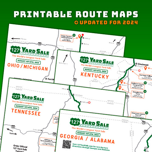 Printable State Route Maps (2024 Edition)

Have you downloaded your copy of the #127YardSale route maps? 

Each map features ...