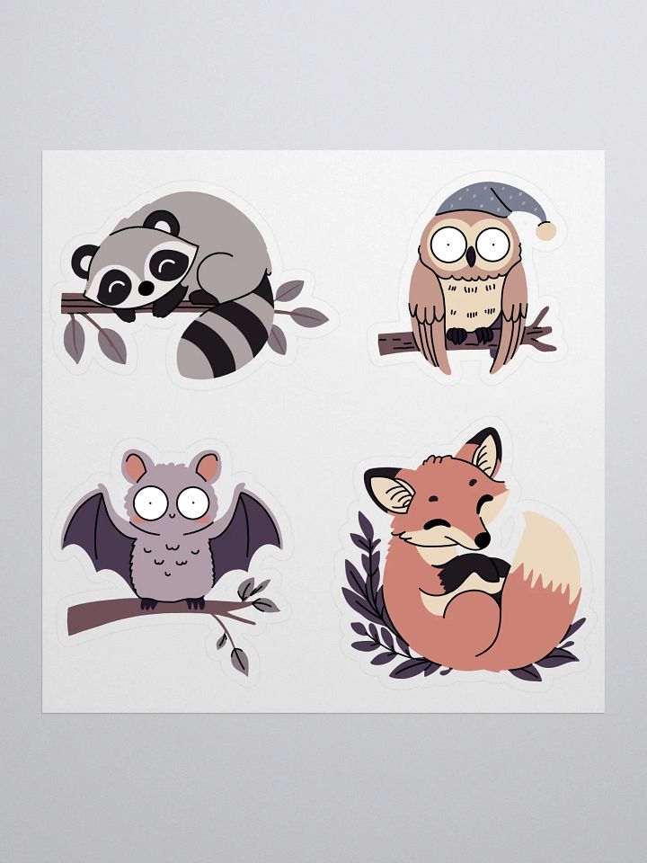 Nocturnal Animals – Cute, Hand-Drawn Sticker Sheet Featuring Fox, Bat, Raccoon, and Owl for Planners, Journals, and Crafts product image (1)