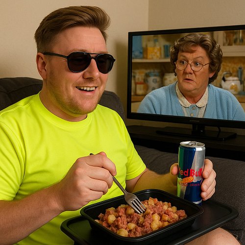 I was talking about my worst tv show, with worst meal and drink. It’s gotta be Mrs browns boys, corn beef hash and red bull f...