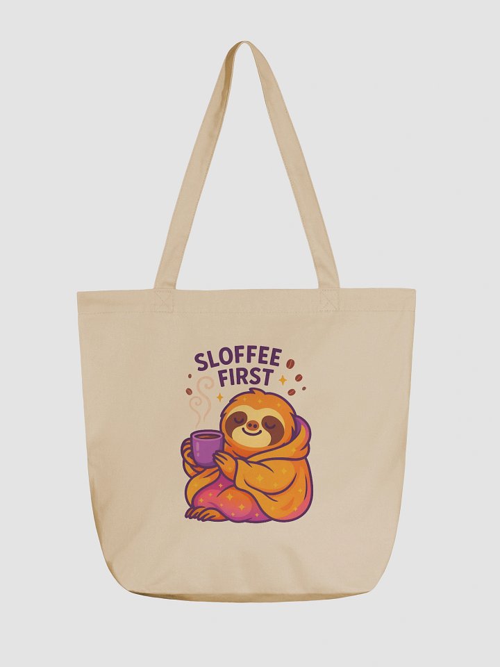 Sloffee First – Funny Sloth Coffee Tote Bag (Double-Sided Print) | Eco Cotton Tote for Caffeine Lovers – Sloths Having Snacks Collection product image (1)