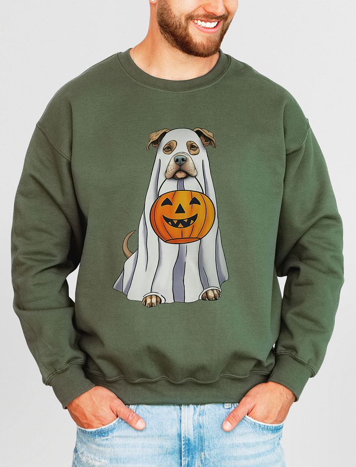 Pitbull(Fawn) Halloween Sweatshirt | Funny Halloween Staffordshire Wearing a Ghost Costume with Pumpkin Basket product image (19)