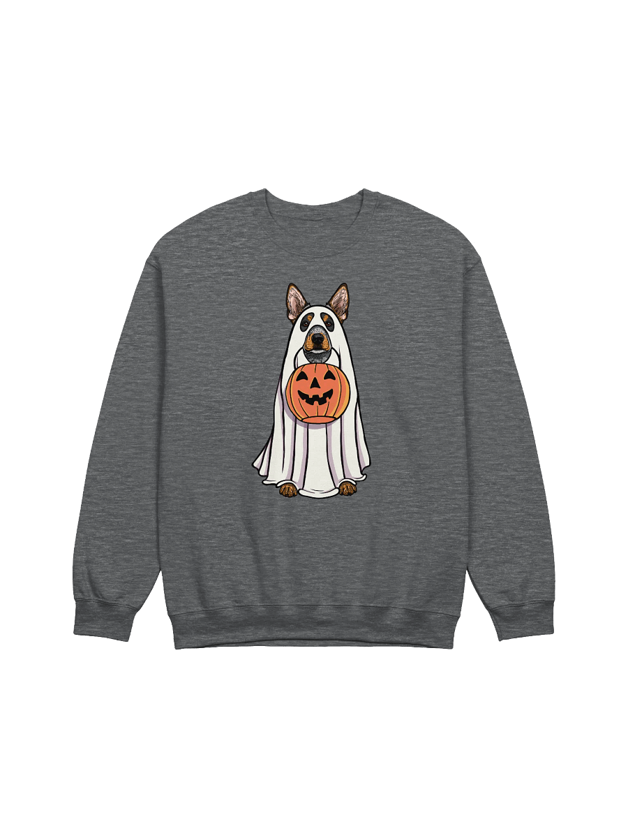 Funny Halloween Australian Cattle Dog(2) Sweatshirt | Funny Blue Heeler Wearing a Ghost Costume and Holding a Pumpkin Basket product image (7)