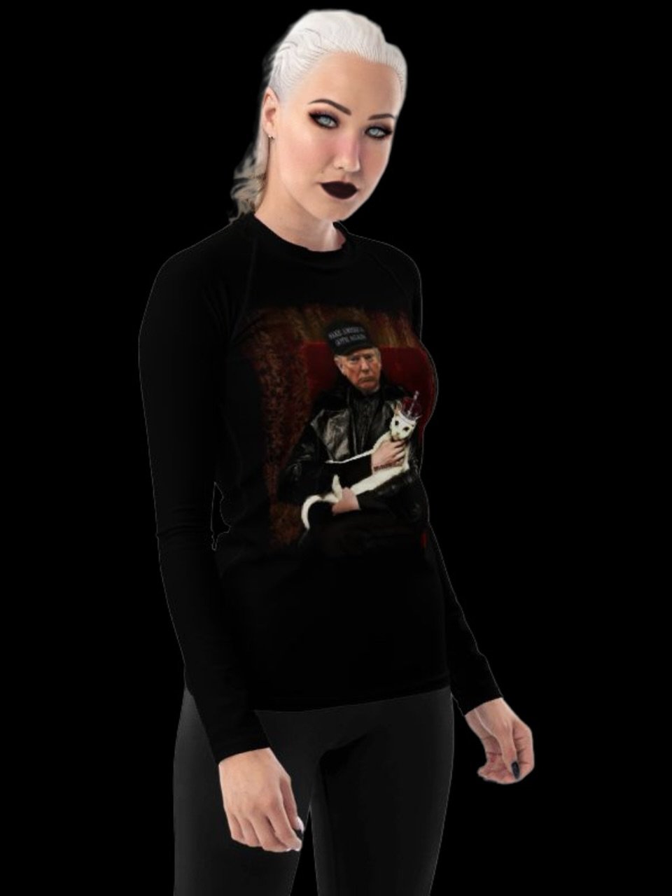 Trump Goth Women's Rash Guard - 'Make America Goth Again' Design with White Cat Queen product image (2)