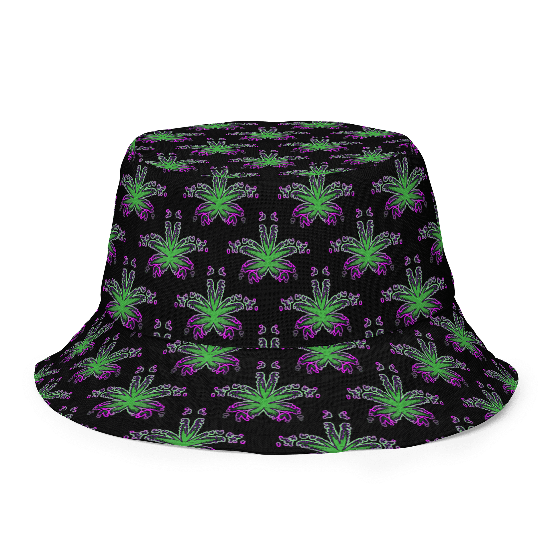 Twisted Weed Leaf Pattern Bucket Hat, Summer Stoner Style Accessory, Green Purple Black Cannabis Fashion product image (2)