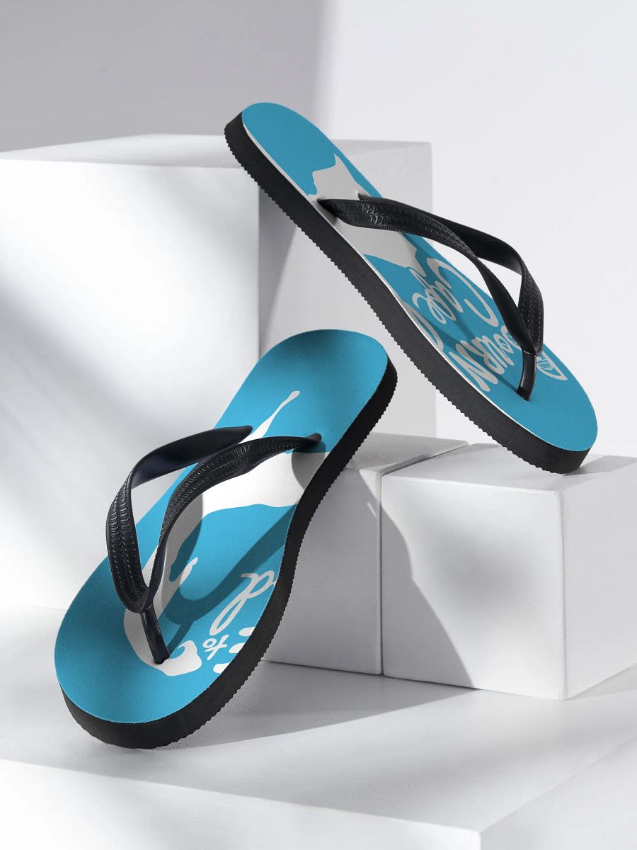 BOURNE to Flip Flop™ | Cape Cod Vibes for Your Soles | Logo Spread Sandals | White Logo on Deep Sky Blue product image (2)