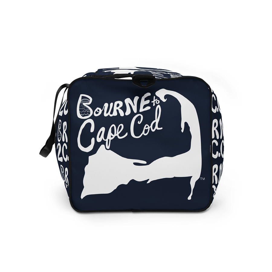 BOURNE to Cape Cod™ | Duffle Bag | BRN.2C.C.™ | Coastal Gym & Travel Gear | 22" All-Over Print Weekender | White Logos on Navy Blue product image (9)
