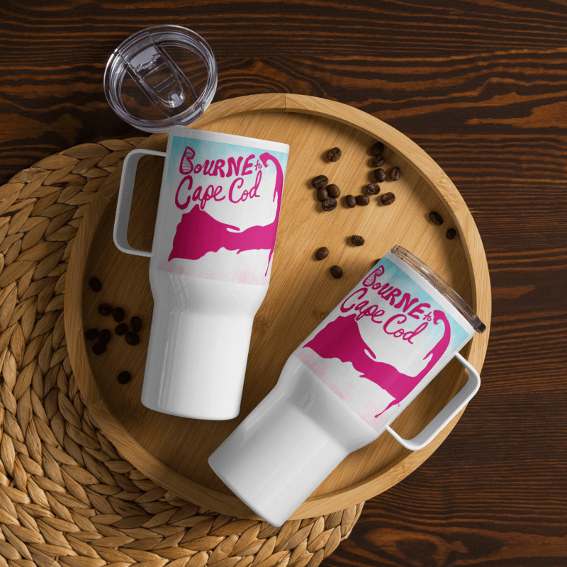 BOURNE to Cape Cod™ | Allcolor 267 | Stainless Steel Travel Mug with Handle | Insulated, Spill-Proof, Coastal Adventure Style | Pink Logo on Patriotic Pastels product image (6)