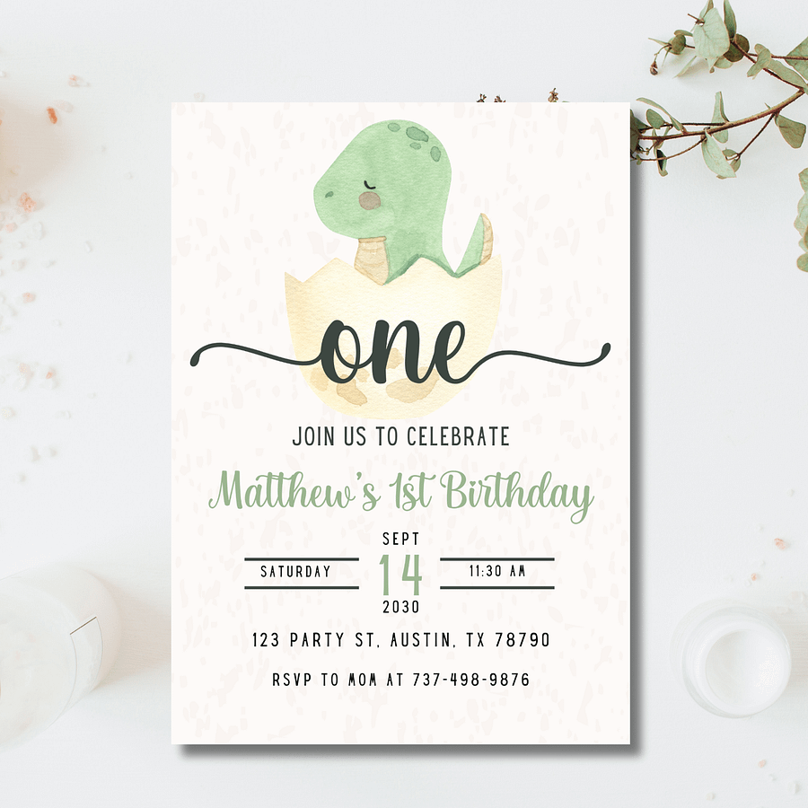 Dino First Birthday Invitation | Baby Dinosaur Egg Party Invite | Editable Canva Template | 1st Birthday Boy | Watercolor Dino Theme product image (5)