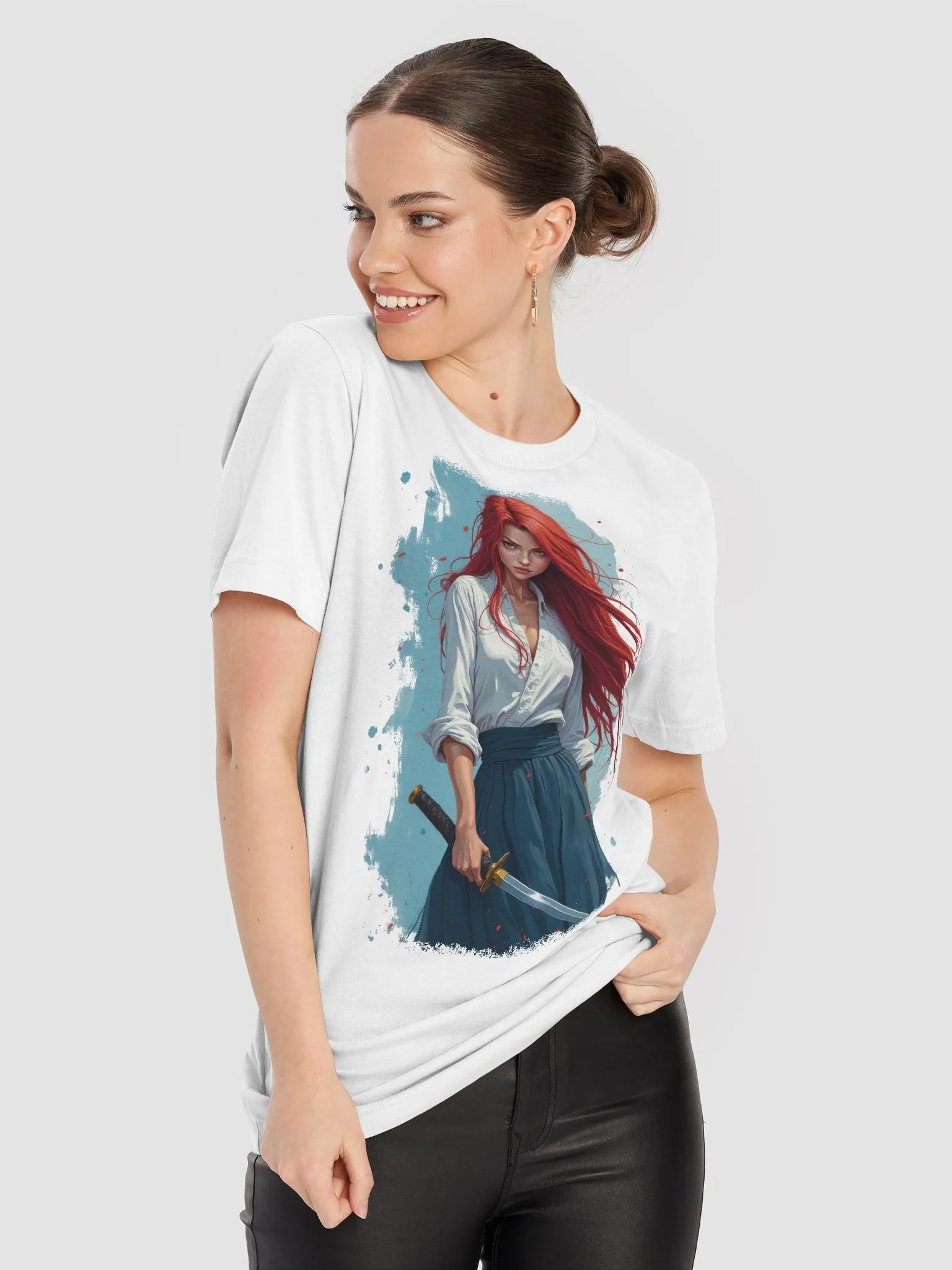 🏷️ Red-Haired Katana Girl – Modern Samurai Elegance Tee product image (2)