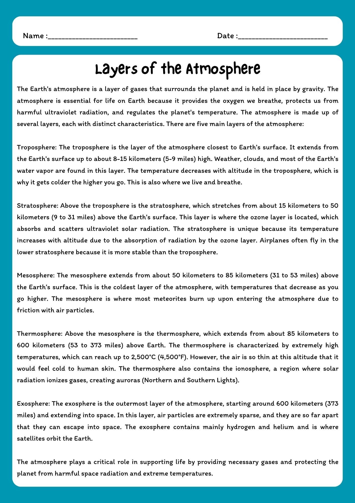 Layers of the Atmosphere Reading Passage with Comprehension Questions product image (1)