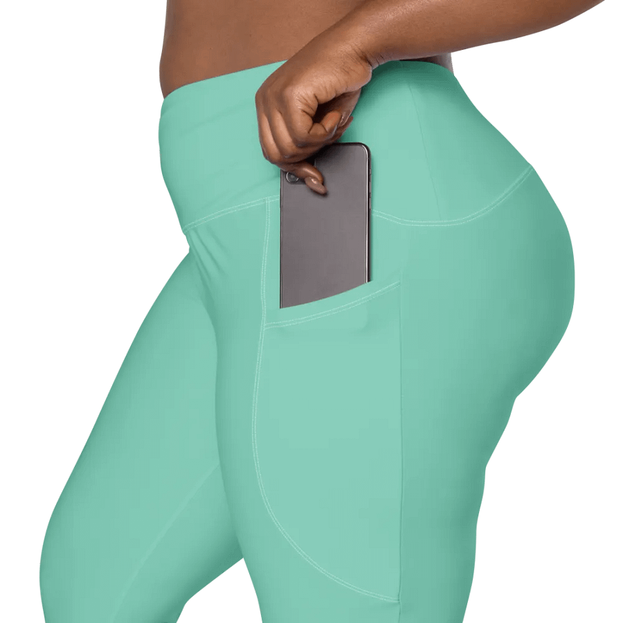 Plain Light Pastel Green Light Summer Women's High Waisted Premium Crossover Leggings with Pockets by Treasure Pie product image (9)