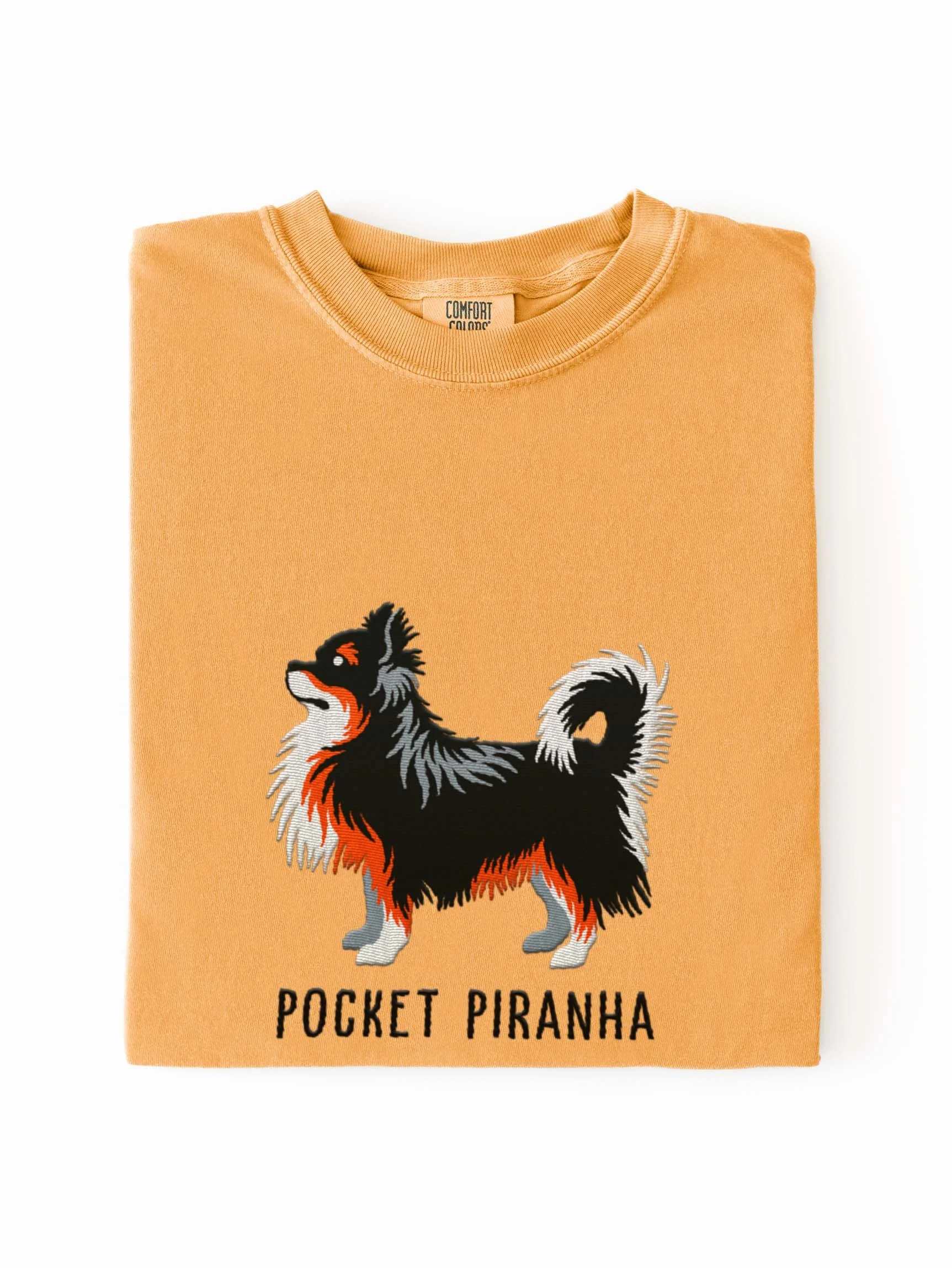 Pocket Piranha T-Shirt(Embroidered) of a Longhaired Chihuahua(Tricolor) product image (1)