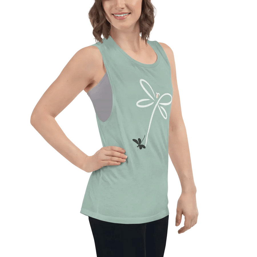 Womens flowy muscle tank top with stylish dragonfly design. Minimilist style product image (7)