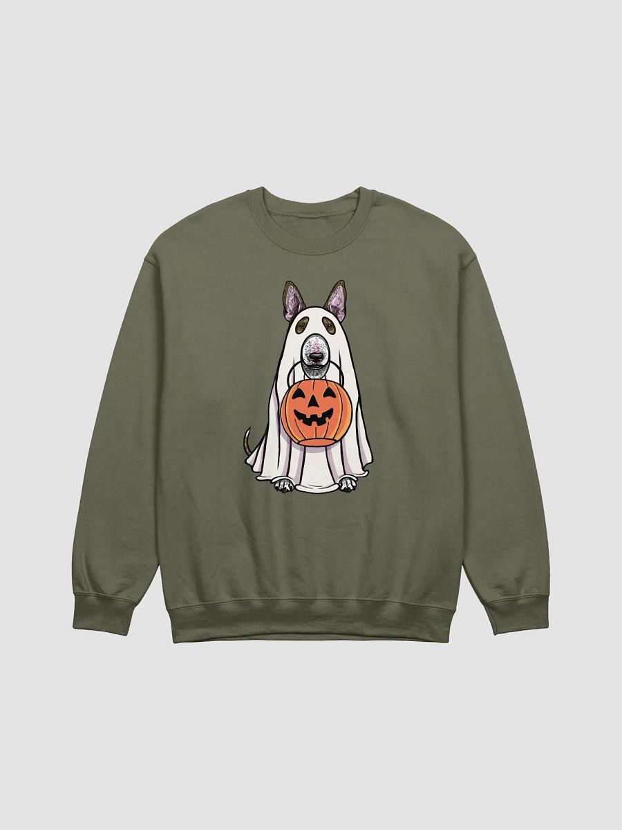Funny Halloween Bull Terrier(Brindle) Sweatshirt | Funny Dog Wearing a Ghost Costume and Holding a Pumpkin Basket product image (17)