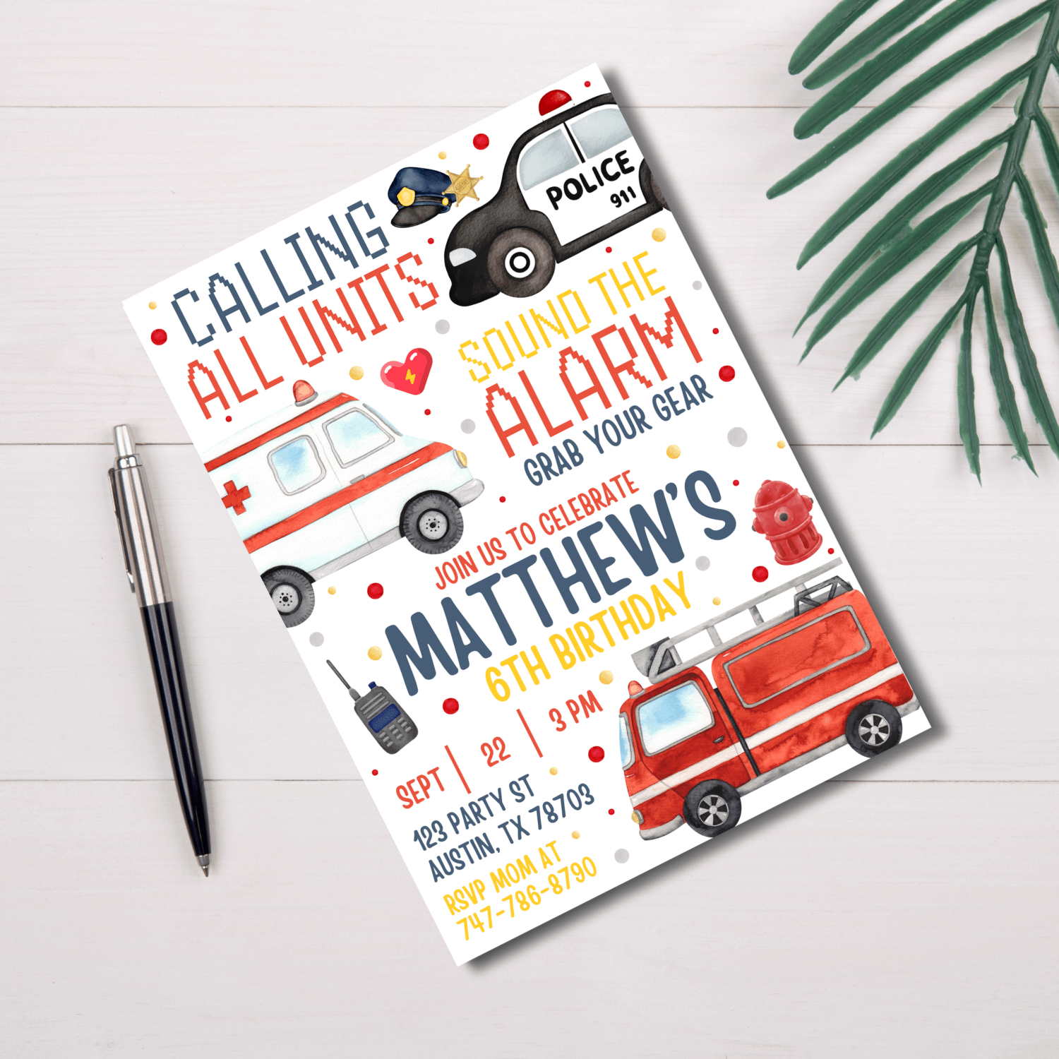 Police & Emergency Vehicle Birthday Invitation Template – Canva Editable 6th Birthday Invite product image (2)