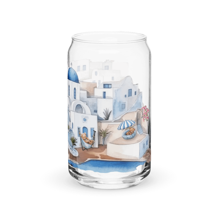 Santorini Dreaming Glass Can Tumbler | 16oz | Greek-Inspired Beverage Glass with Bamboo Lid & Straw product image (9)