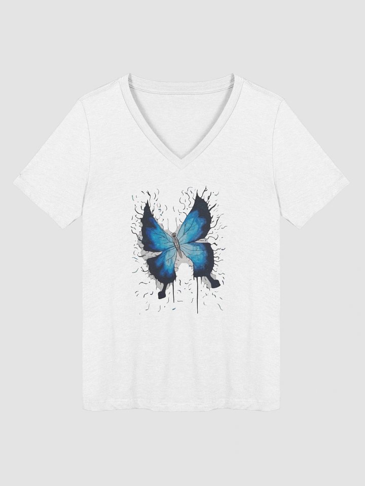 White Cat Blue Butterfly (art by Dina R.) watercolor painting - Women's Relaxed V-Neck T-Shirt product image (1)
