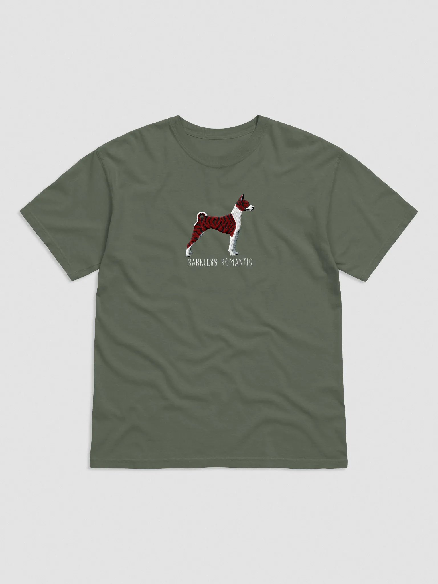 Barkless Romantic T-Shirt(Embroidered) of a Basenji(Brindle) product image (4)
