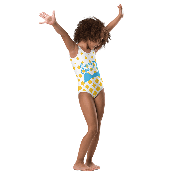 Girls' One-Piece Swimsuit | BOURNE to Cape Cod™ Front Logo | Coastal Kids Swimwear | Blue Logo on Retro Mod Diamond Pattern product image (2)