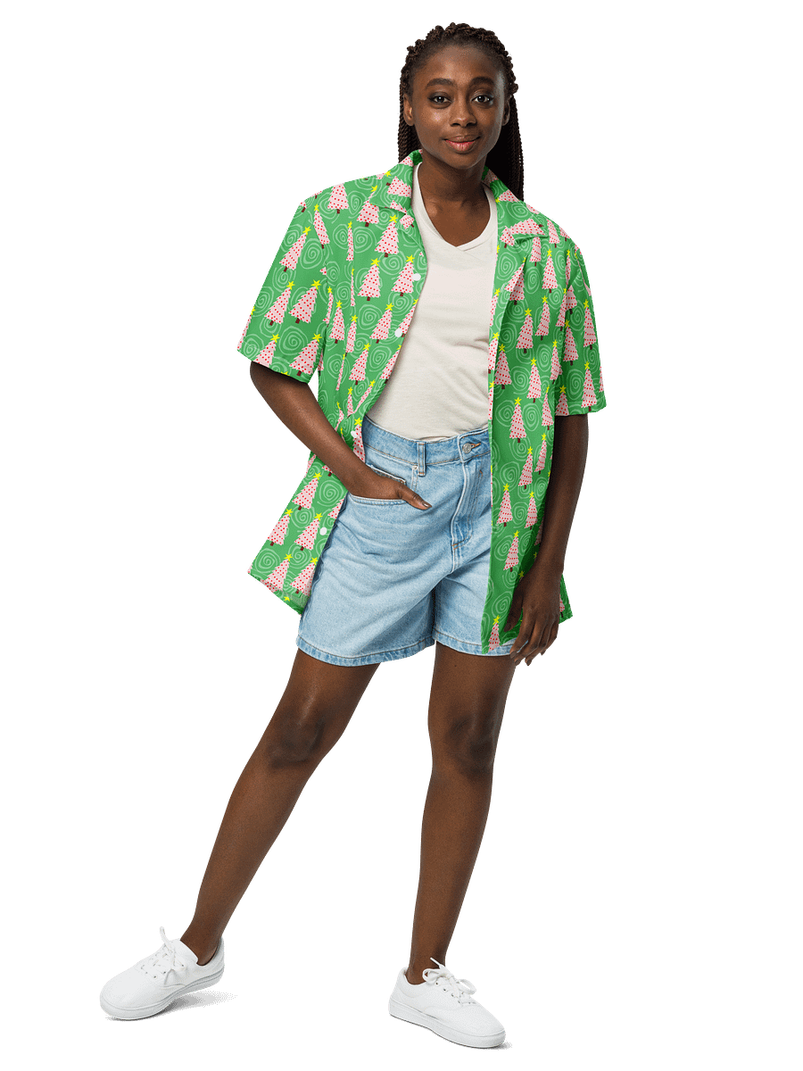 Pink Christmas Trees on Mint Green Oversized Button-Down Shirt product image (4)