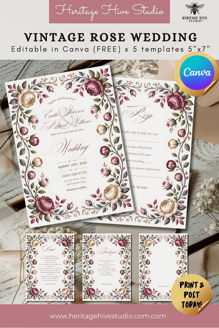 Editable Vintage Wedding Invitations | Edit in Canva | Instant Download Template | Dusty Rose Botanical Floral product image (1)