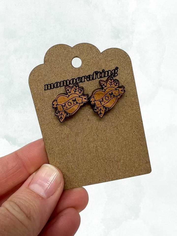 Mom Heart Tattoo Stud Earrings (Light Wood) product image (1)