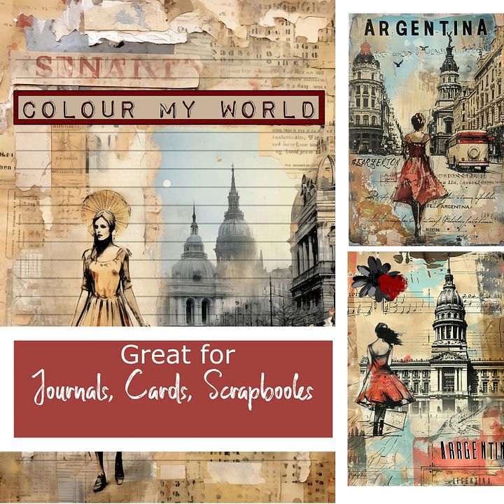 Argentinian Charm: Vintage Journal Pages Collection, South America, Scrapbooking, Card Making, Artistic, Printable, Journaling, Color My World product image (2)