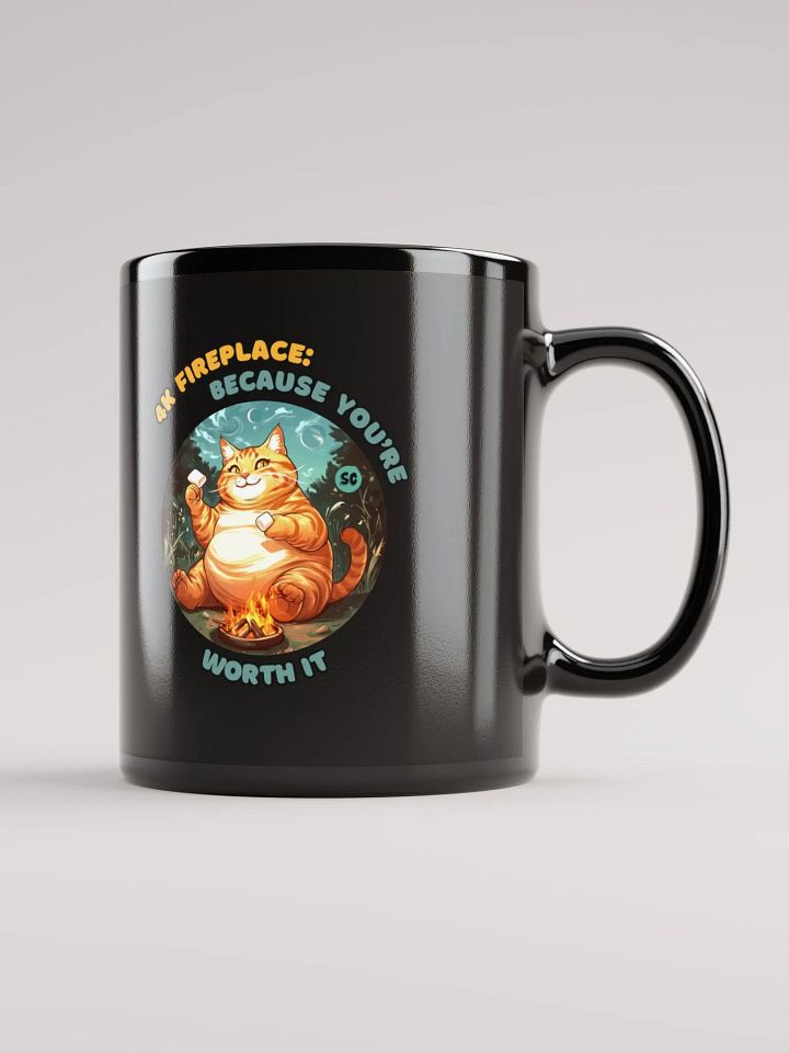 Cozy Cat - 4K Fireplace: Because You're Worth It | Black Glossy Mug product image (1)