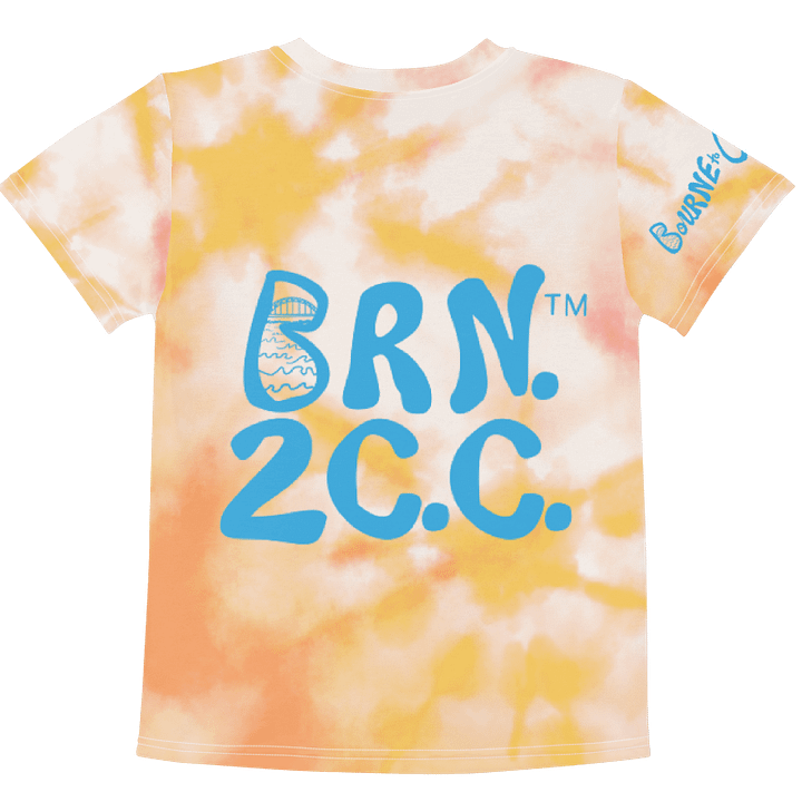 Boys' | Little Kids T-Shirt | BOURNE to Cape Cod™ | Front & Sleeve Logo | BRN.2C.C.™ Back Graphic | Vibrant Coastal Tee for Kids | Blue Logo on Orange Tie-Dye product image (2)