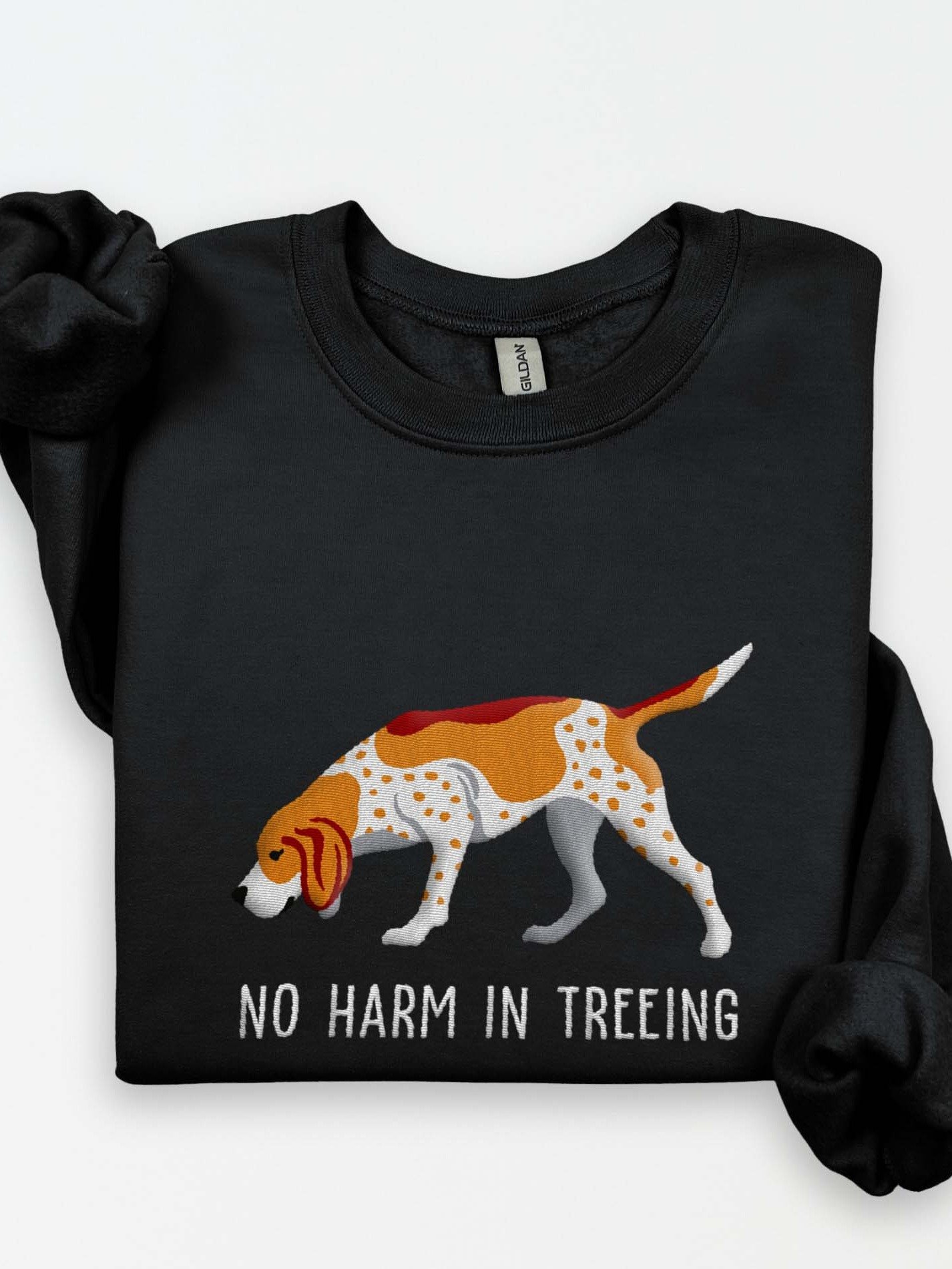 No Harm in Treeing Sweatshirt (Embroidered) of a Redtick Coonhound product image (1)
