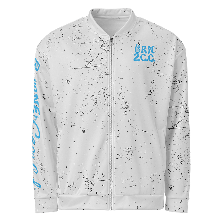All-Over Print Bomber Jacket | Coastal Cool, City Bold | BOURNE to Cape Cod™ + BRN.2C.C.™ Style | Deep Sky Blue Logos on Distressed White product image (1)